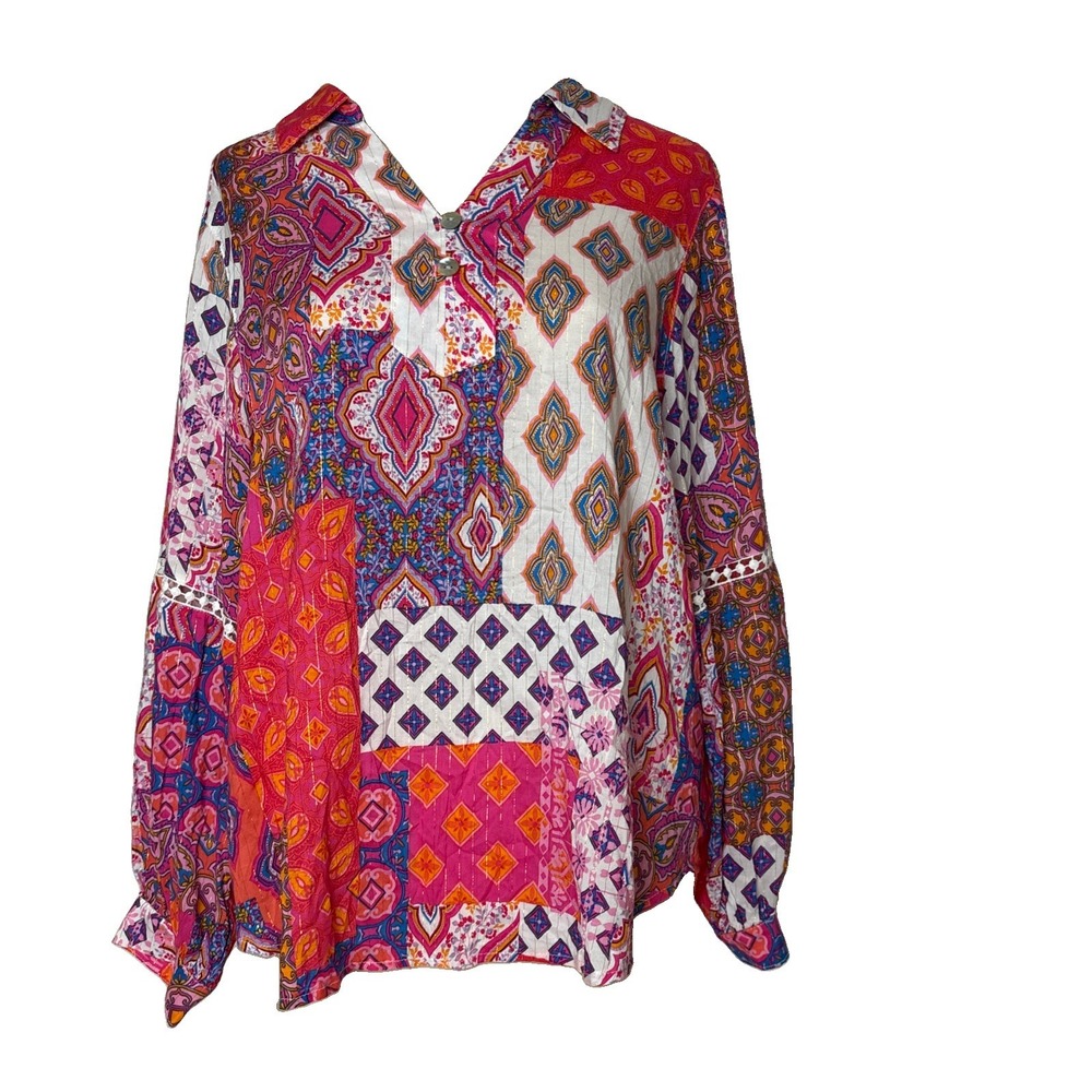 Ruby Rd Womens M Patchwork Popover Top Boho Blouse Long Sleeve rayon Lightweight